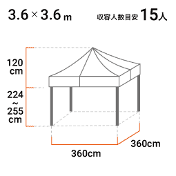 3.6×3.6m（約2×2間） 寸法図 底辺360×360cm 高さ224～255cm 15人