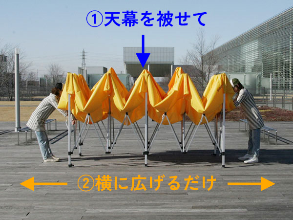 女性2人でかんたんテント3（3.0×6.0m）を設営